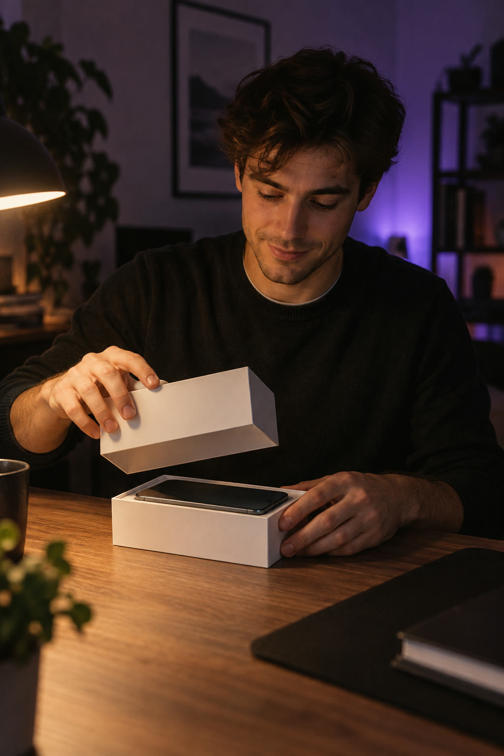 Phone unboxing at a desk, vertical video still