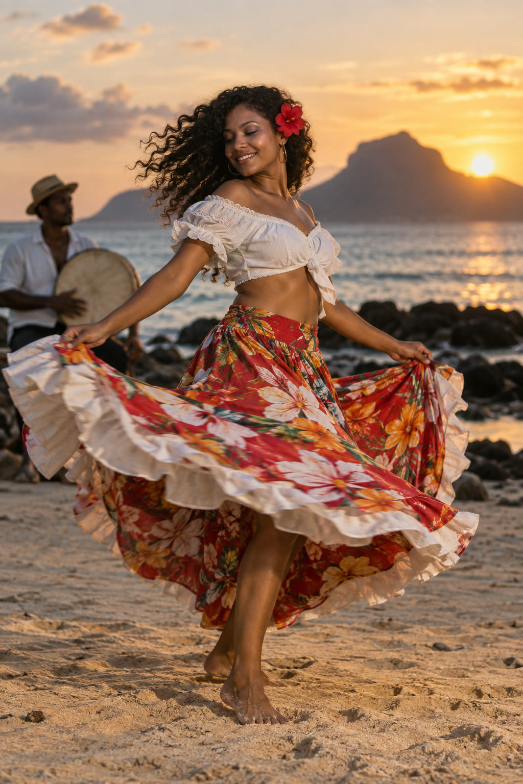 Sega dancer mid-spin on a beach at sunset, vertical video still