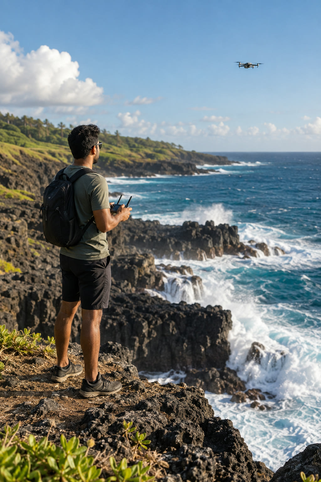 Drone pilot on a cliff above the sea, vertical video still